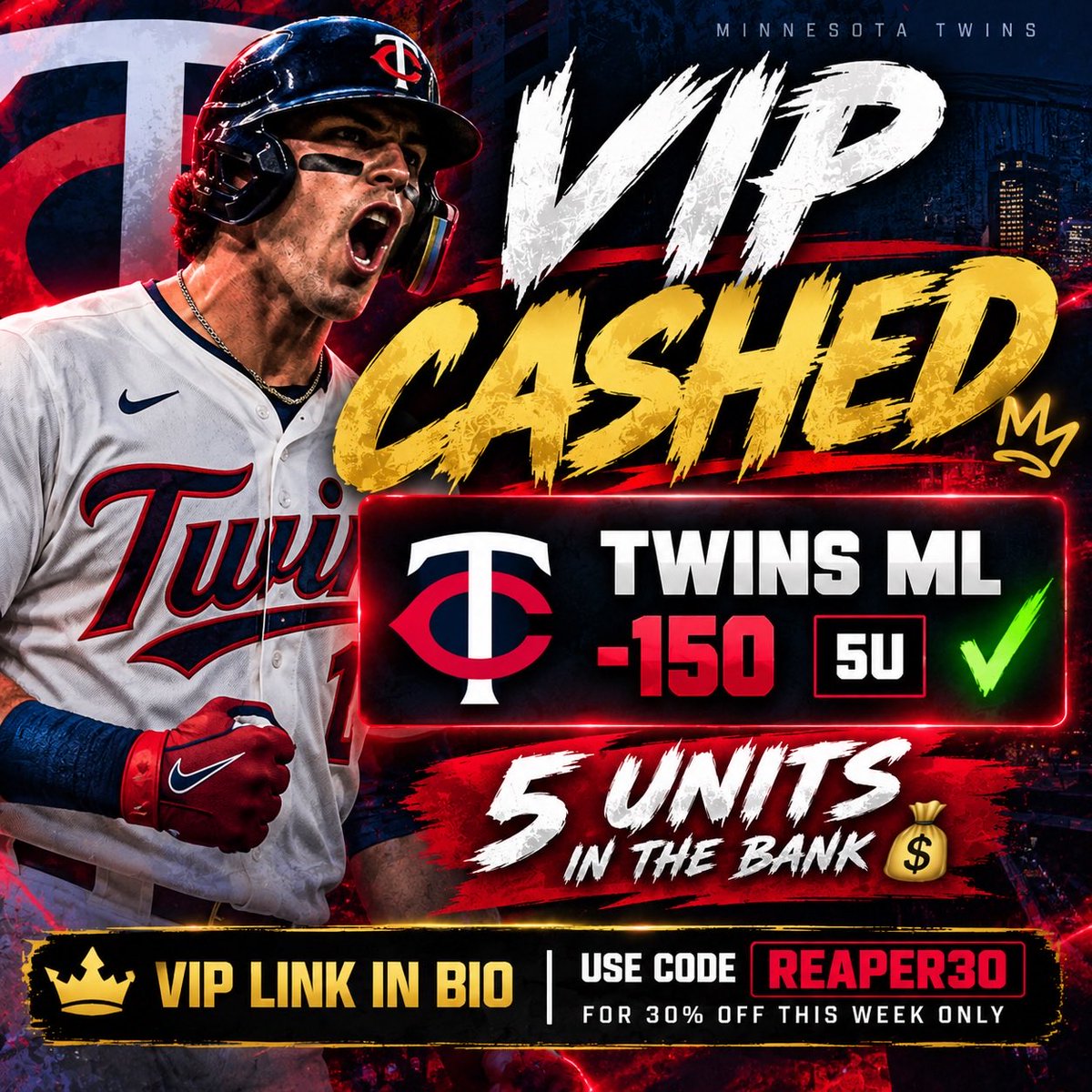 TheLineReap's tweet photo. 💰 VIP CASHED 💰

🔒 TWINS ML -150 5U ✅

BIGGEST PLAY ON THE CARD.

5 UNITS IN THE BANK. 💵🔥

VIP members already know. 👑

Want the rest of the card?

👉 VIP LINK IN BIO
🔥 REAPER30 = 30% OFF THIS WEEK ONLY

#MLB #MLBPicks #SportsBetting https://t.co/Vxpxby3YdZ