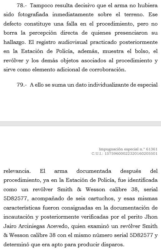 loviedoH's tweet photo. Corte S. Rad. 61361/26. F. T. y porte de armas de fuego.

A pesar de los defectos en la cadena de custodia se pudo acreditar con otros elementos objetivos la mismidad del arma. 

Con una llamada al CINAR se acreditó el elemento de no permiso de autoridad competente. https://t.co/dHgcy56vyu