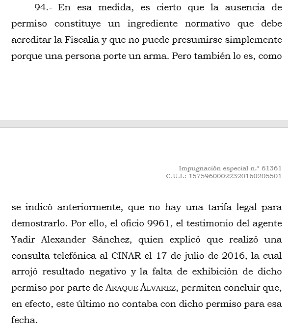 loviedoH's tweet photo. Corte S. Rad. 61361/26. F. T. y porte de armas de fuego.

A pesar de los defectos en la cadena de custodia se pudo acreditar con otros elementos objetivos la mismidad del arma. 

Con una llamada al CINAR se acreditó el elemento de no permiso de autoridad competente. https://t.co/dHgcy56vyu