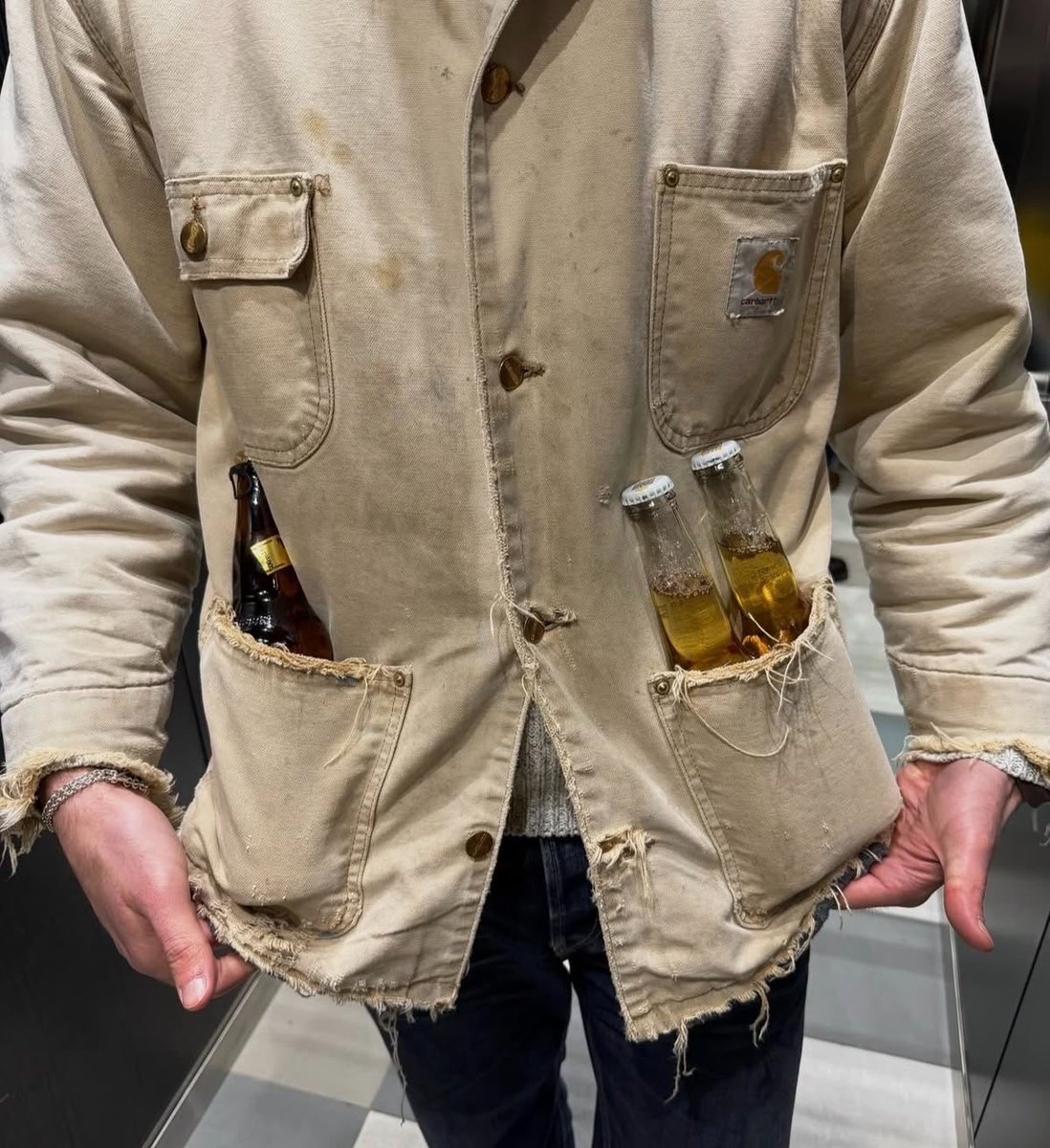 alecttrona's tweet photo. Wear your clothes. Beat them up. Make them unique. Give them character. Exhibit A: distressed Carhartt jacket https://t.co/rfH99HkXnn