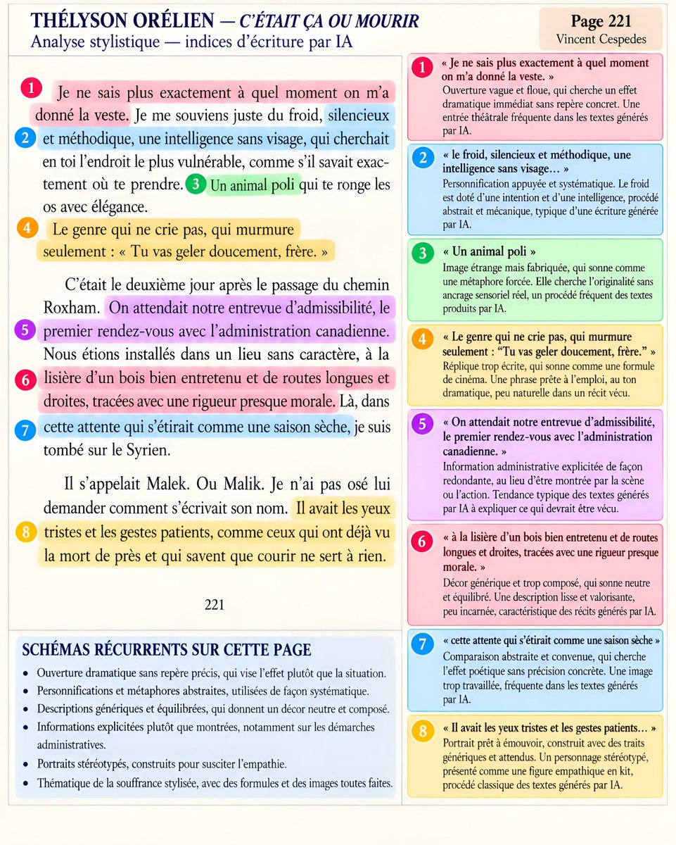 VincentCespedes's tweet photo. J’ai enfin lu le livre et, franchement, à mes yeux, ça transpire l’IA : balanciers, triades, maximes prêtes à servir, métaphores automatiques, petites phrases qui viennent faire « profond » par cycles prévisibles. Je ne condamne absolument pas l’usage de l’intelligence artificielle : pour un écrivain, c’est un outil extraordinaire, à condition de travailler avec elle et de ne pas simplement lui abandonner le livre. Ici, tout donne plutôt l’impression d’une délégation massive, et si c’est le cas, le plus simple serait encore de l’assumer. Le vrai gag, c’est @EditionsGrasset : une maison d’édition est précisément payée pour repérer ce qu’un lycéen habitué à ChatGPT voit en dix pages. Là, le travail éditorial ressemble franchement à du travail de cochon. Quant aux enthousiasmes d’Amélie Nothomb, de Virginie Despentes ou de qui l’on voudra : cocasses. Un succès n’est pas un test de Turing, et un prix littéraire n’est pas un CAPTCHA. Nous entrons dans une époque de flou des plus réjouissantes, jusque dans la littérature. Un auteur n’a pas à publier la recette de son atelier : ce qu’il confie à l’IA, ce qu’il reprend, ce qu’il transforme peut parfaitement rester dans l’ombre. Le jeu littéraire a toujours eu ses secrets, pourvu que l’art en sorte gagnant. 

https://t.co/C3mjwf5bhm

#thelysonorelien #litterature #ia #lemondeestflou #grasset