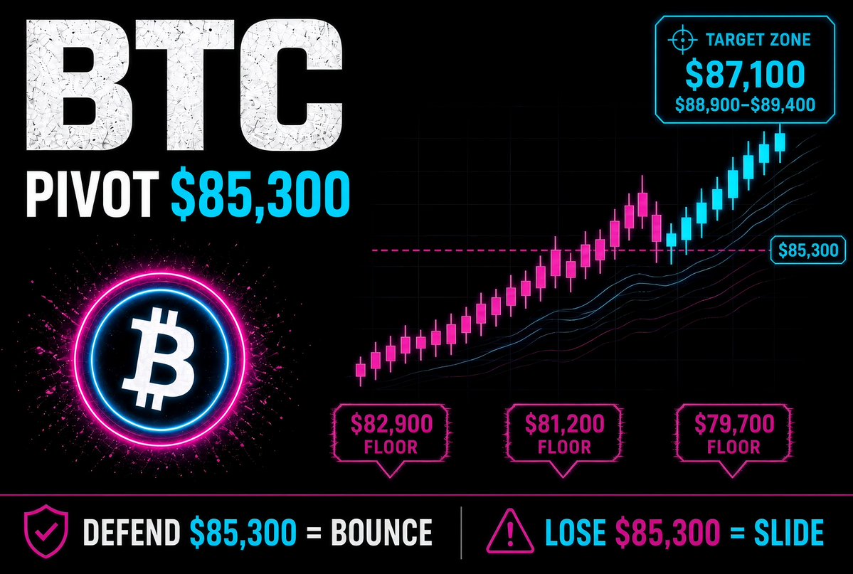 CryptoEmpressX's tweet photo. bitcoin:native  snapshot 👀

Yesterday the line was $86,800. Price lost that ceiling and now sits at the floor of the range.

Today’s pivot is $85,300. 💥
Hold it and the path opens toward $87,100.  
A clean push can stretch to $88,900 to $89,400.

Lose $85,300 and $82,900 is the first stop.  
If that breaks, $81,200 comes in, then $79,700.

Defend $85,300 = bounce setup  
Lose $85,300 = slide continues  

Let the close confirm. 📈