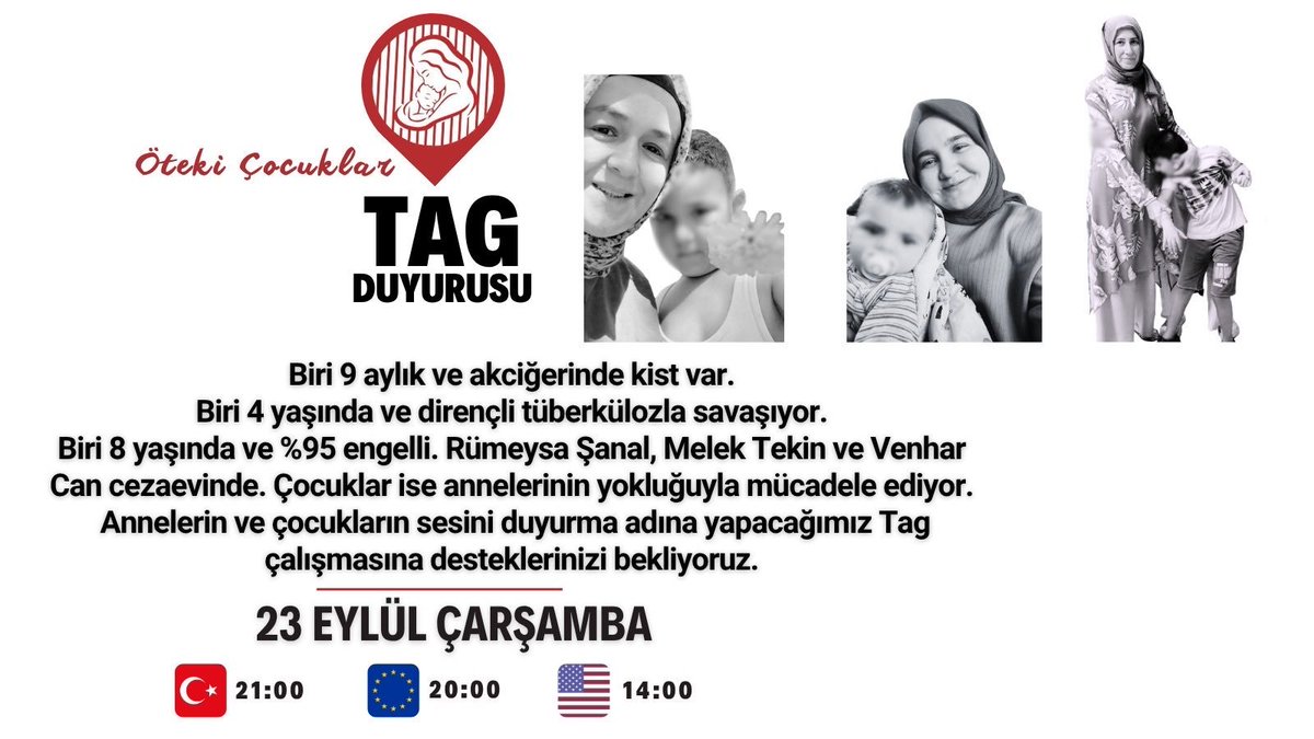 brgndhyklstk's tweet photo. Doğuştan akciğer kisti olan 9 aylık Emin bebek, dirençli tüberkülozla savaşan 4 yaşındaki Selman ve %95 engelli İhsan Can.
Anneleri Rümeysa Şanal Melek Tekin ve Venhar Can cezaevinde. Çocukların yaşam hakkı ve sağlığı için bu akşam saat 21:00'de ses olalım

ÇocukHasta AnneHapiste https://t.co/fUEkNT3A9X