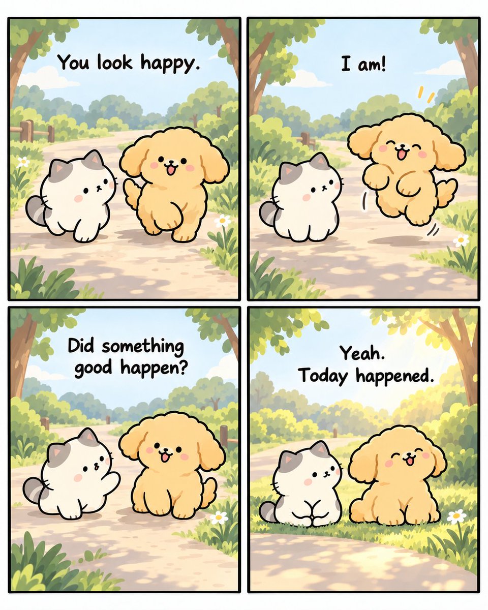 todaygagha's tweet photo. MOA DAYS #03 — Today Happened

“You look happy.”
“I am!”
“Did something good happen?”

“Yeah. Today happened.”

별일 없어도 좋은 날은 있다.
몽은 오늘이 왔다는 것만으로도 충분히 행복하다.

#MOADAYS #MOA #MONG #Webcomic #SliceOfLife #DailyComic https://t.co/VVNbwuHzYp