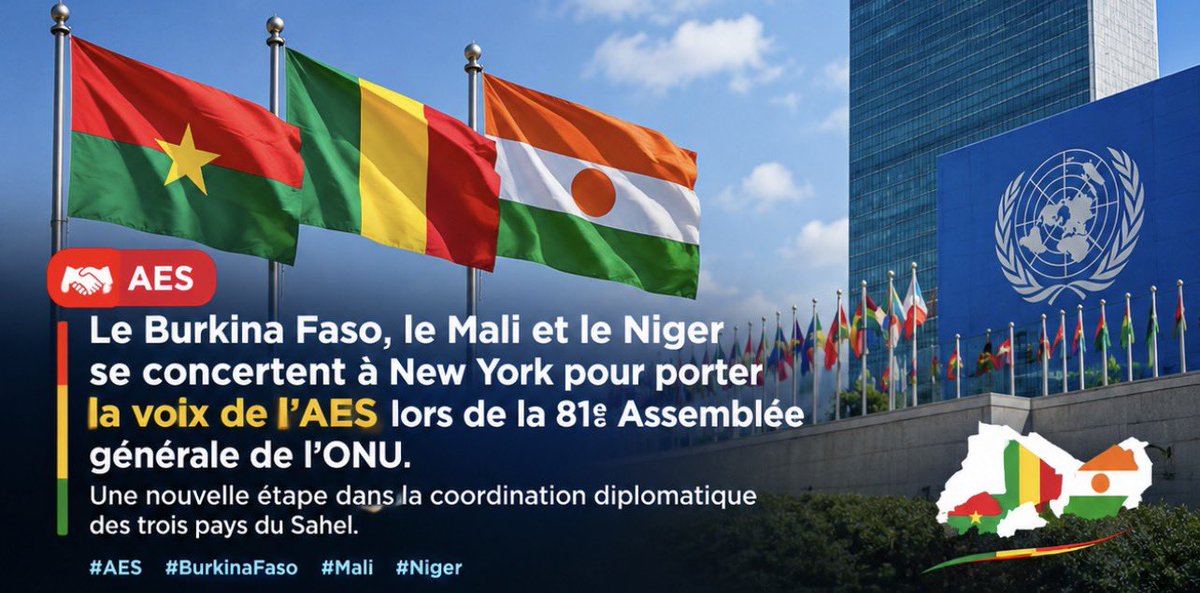 LeonorCosta01c's tweet photo. 🇧🇫🇲🇱🇳🇪 L’AES parle d’une seule voix à New York.

Burkina Faso, Mali et Niger renforcent leur coordination diplomatique à l’ONU pour défendre leurs priorités et porter une voix commune du Sahel. 🌍

#AES #BurkinaFaso #Mali #Niger #Sahel https://t.co/y6jk2ZugyN