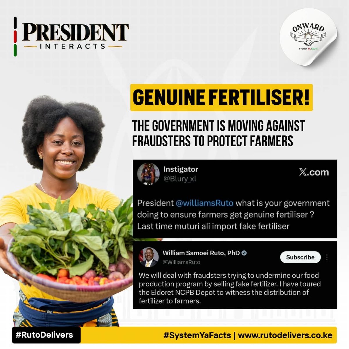 MtakatifuMike's tweet photo. The fraudsters trying to undermine our food production program by selling fake fertilizer will be dealt with. I have toured the Eldoret NCPB Depot to witness the distri
RailaAirways #PresidentInteracts
Fixing The Nation 
Ruto Delivers https://t.co/NWpQFSWfwb