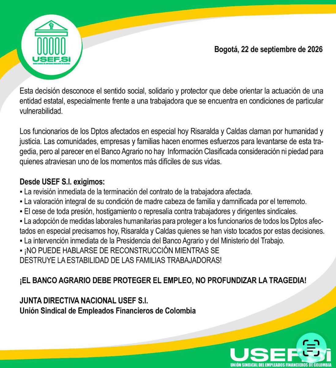 Olamoli1's tweet photo. Mientras el Gobierno protege el empleo a los damnificados del terremoto, el @BancoAgrario despide a los trabajadores en la oficina de Pereira @infopresidencia @ABDELAESPRIELLA @AbelardoPTE @ABPRESIDENTE @MintrabajoCol @nlopezfuentes @cutcolombia @ViceColombia @OITAmericas @DefensoriaCol @FiscaliaCol @PGN_COL @SindicatoUsefsi