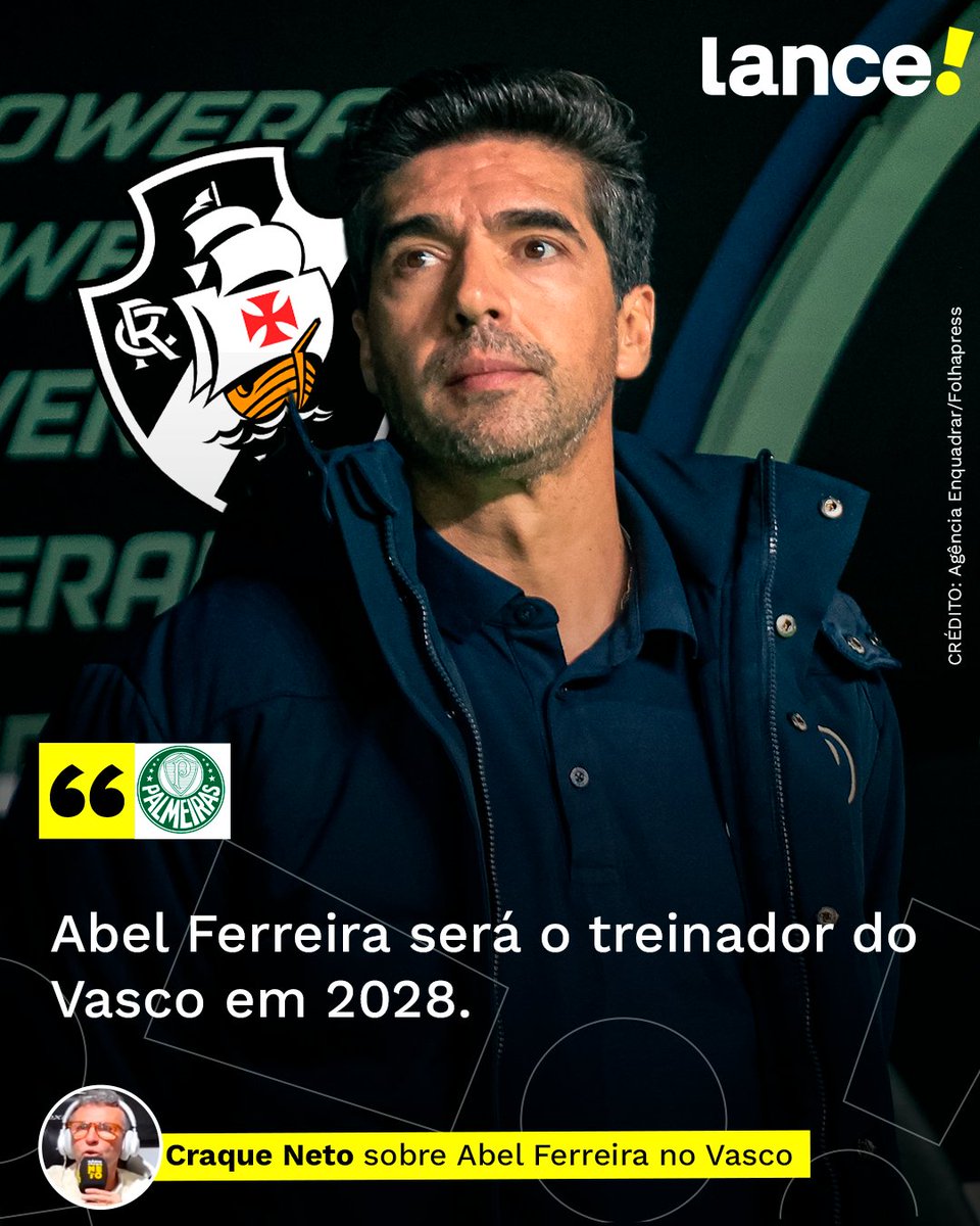 lancenet's tweet photo. NOVO TREINADOR CRUZ-MALTINO? 🗣️🟢💢

Durante o programa "Os Donos da Bola", Craque Neto afirmou que Abel Ferreira será o novo treinador do Vasco em 2028. De acordo com ele, a ideia é que o português seja o comandante técnico da equipe caso Leila Pereira assuma a SAF vascaína.

#redes6 #LanceInforma #Aspas