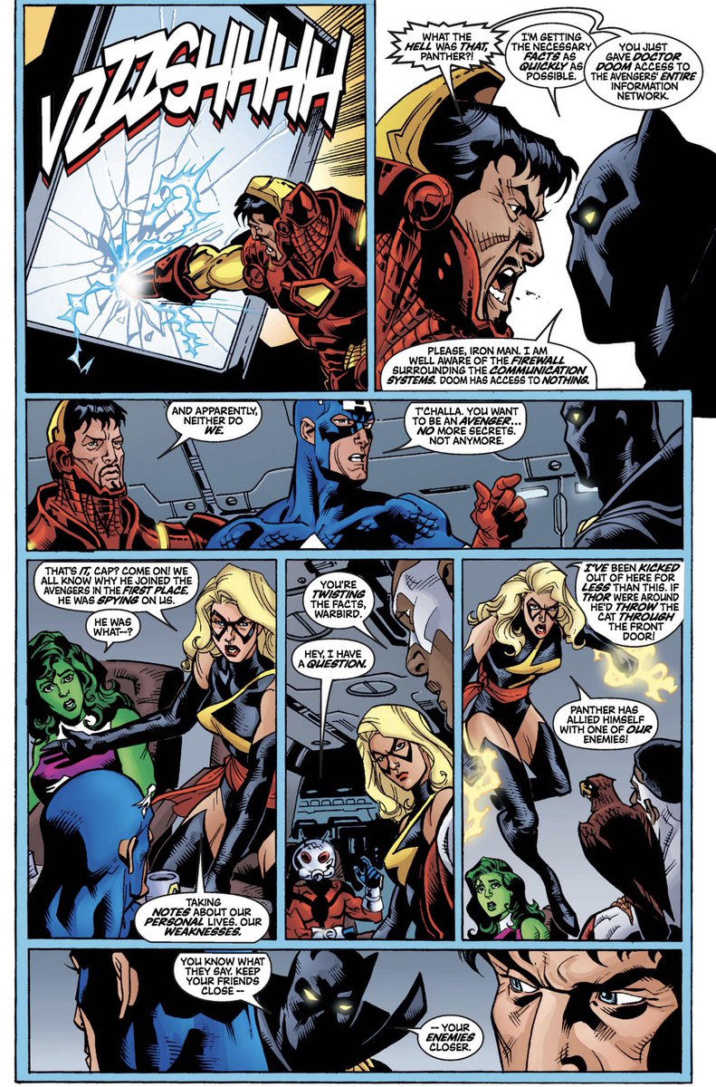 NYtellem's tweet photo. It was revealed that T’Challa only joined the Avengers to spy on them….

But T’Challa is so cold, he really didn’t give a F*^%. 

Big Difference between Geoff John’s T’Challa in this Avengers issue.
Vs John Ridley’s Avengers in T’Challa’s own comic Book. https://t.co/XtXQbBp1Ee