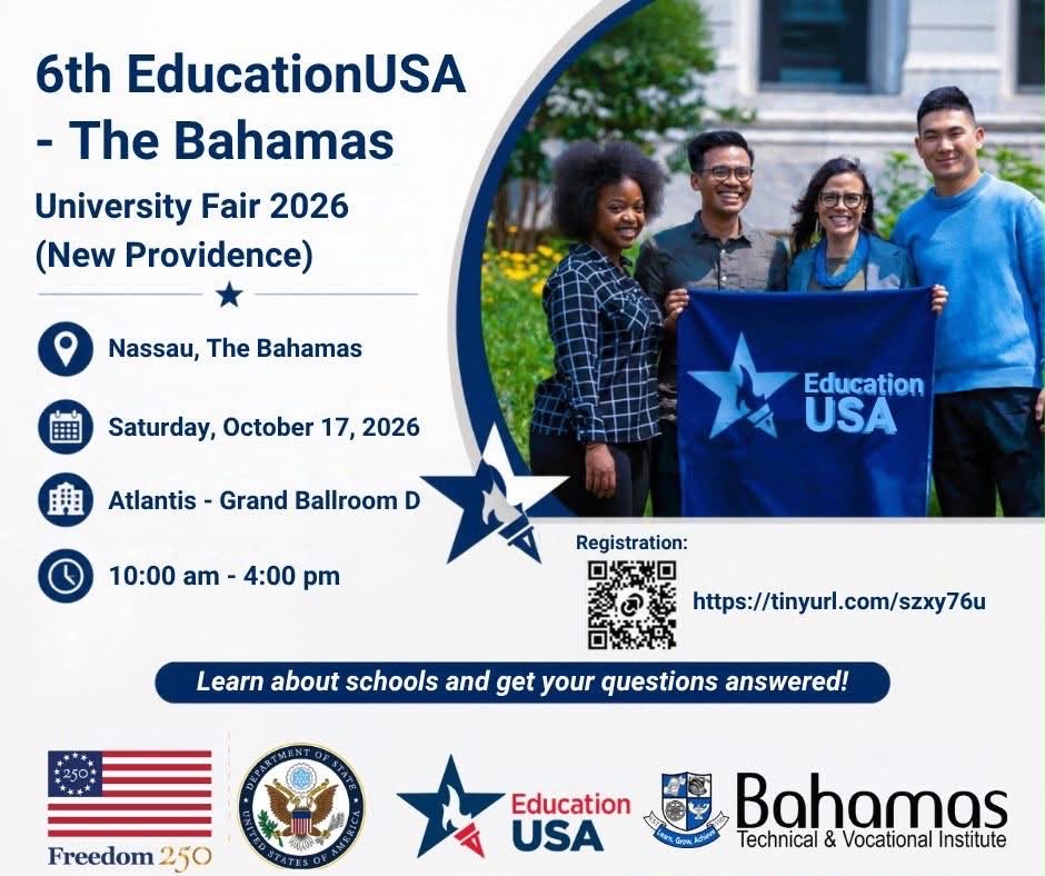 USEmbassyNassau's tweet photo. Thinking about studying in the United States? 🇺🇸

The "6th EducationUSA – The Bahamas University Fair 2026" is coming to Nassau, Freeport, and virtually for Family Islanders! 🌎📚

Meet representatives from participating U.S. universities, explore your study options, and get your questions answered about admissions, programs, and studying in the USA.

💻 Family Islanders: Friday, October 16 | Virtual
📍 Nassau: Saturday, October 17 | 10:00 AM–4:00 PM | Atlantis, Grand Ballroom D
📍 Freeport: Sunday, October 18 | 12:00 PM–4:30 PM | BTVI Freeport Campus Auditorium

🏫 Participating universities include: Georgia State University, University of Tampa, Ball State University, Old Dominion University, University of Connecticut (UConn), University of Wisconsin–Madison, East Carolina University, Nova Southeastern University, and more!

🔗 Register: https://t.co/obrtkdypVQ

✨ Learn about schools. Explore opportunities. Get your questions answered! EducationUSA - The Bahamas

#EducationUSA #EducationUSABahamas #UniversityFair2026 #StudyInTheUSA #BahamasStudents #CollegeBound #HigherEducation #StudyAbroad #Nassau #Freeport #FamilyIslanders