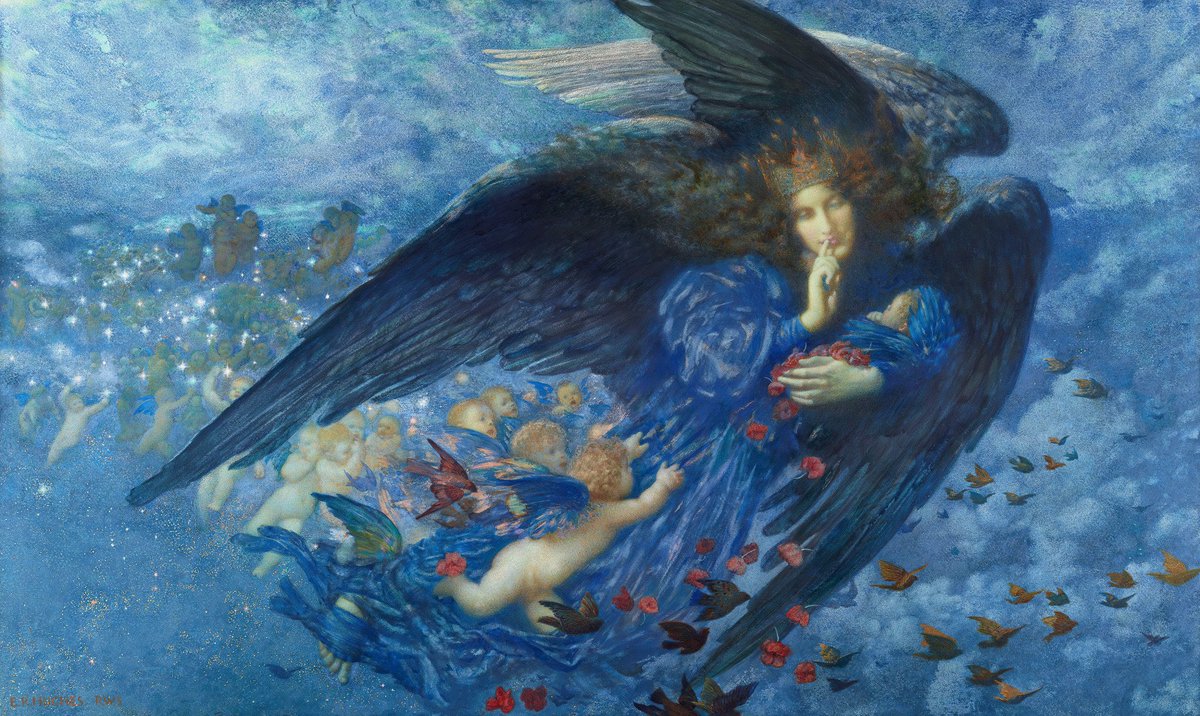 22hrr22min's tweet photo. night with her train of stars by edward robert hughes (english, 1912) https://t.co/6wiApRH3Ut