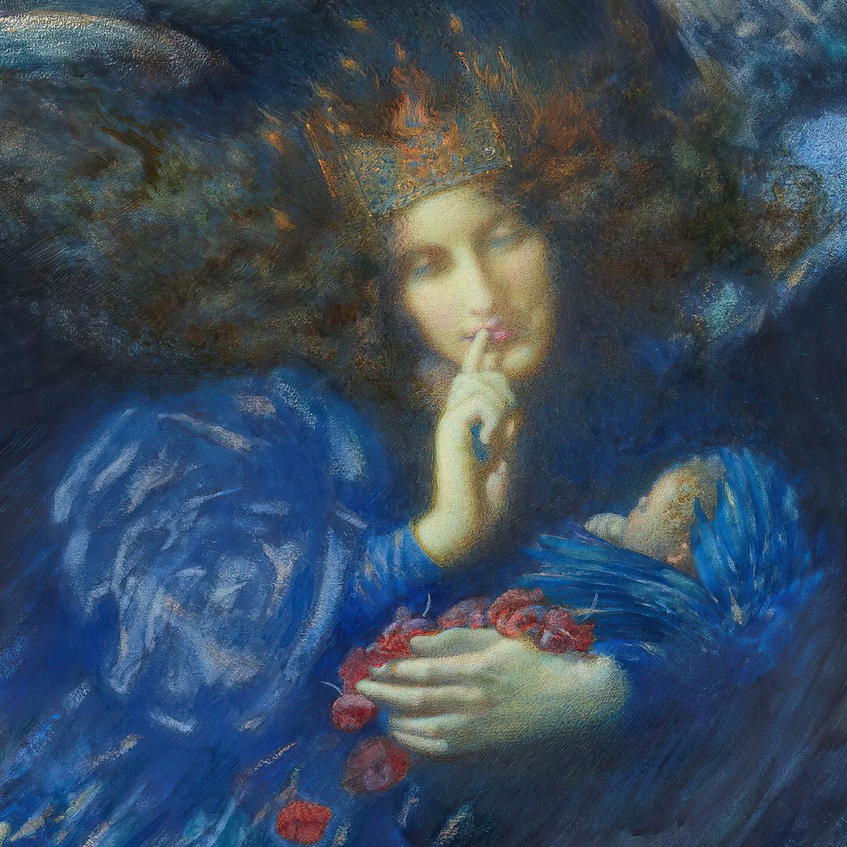 22hrr22min's tweet photo. night with her train of stars by edward robert hughes (english, 1912) https://t.co/6wiApRH3Ut