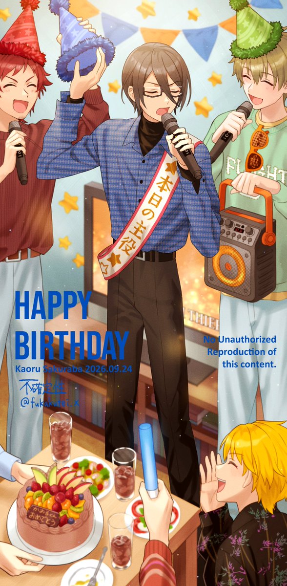 fukakutei_x's tweet photo. 今年もお誕生日おめでとう🎤🌟
自社ビル？っぽいのでたまこやの営業終わってたら事務所でカラオケしても近所迷惑にはならなそう…と思って描きました（飲み物はアイスティー）
#桜庭薫生誕祭2026
#桜庭薫誕生祭2026 https://t.co/ZWT55r6Eoz