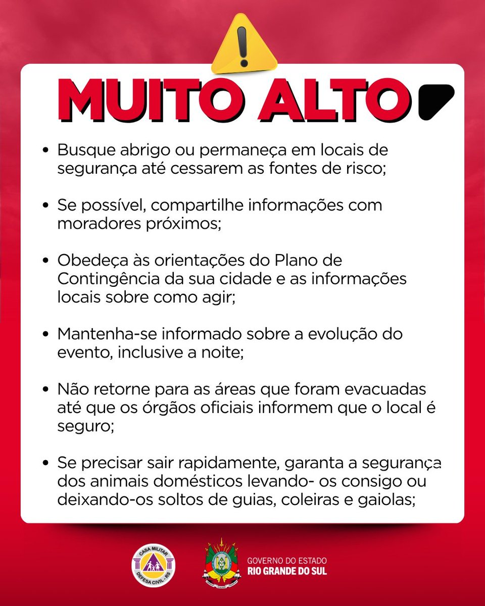 DefesaCivilRS's tweet photo. Defesa Civil alerta: INUNDAÇÃO no Guaíba. Risco MUITO ALTO nas Ilhas de Porto Alegre. Válido até às 19h40 do dia 24 de setembro. Evite áreas inundáveis. Emergência ligue 190/193. https://t.co/oe1oXkvIkE