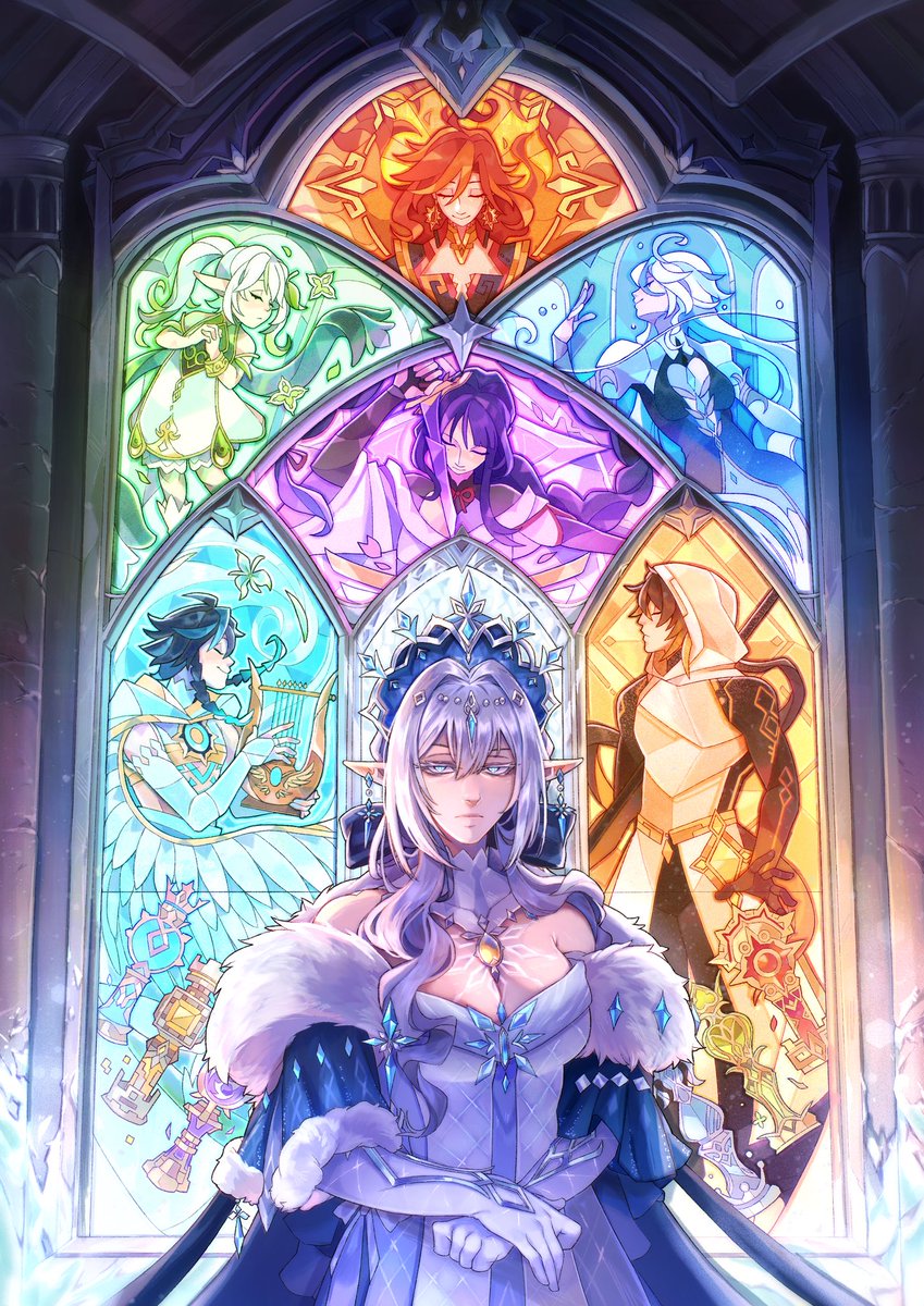 rorokonaa's tweet photo. archons and the tsaritsa ❄️

to celebrate genshin's 6th anniversary, check out the ver 7.1 update, link in bio! use code DU0HJ5VA00BM to get 60 primogems &amp; 5 adventurer's experience :) @GenshinImpact #GenshinSnezhnaya #StoriesOfFrostSnow https://t.co/ZqSX7xZDIG