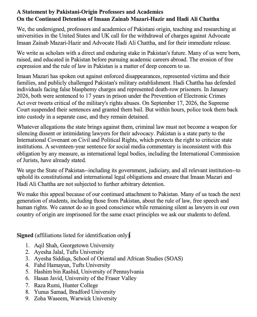 AqilShah_'s tweet photo. 17 years in prison for tweets criticizing the military. Re-arrested hours after bail. We are Pakistani-origin professors and researchers calling for the release of lawyers Imaan Mazari &amp; Hadi Ali Chattha. Full letter below: 
@IBAHRI , @hrw , @HRCP87 , @amnesty @ICJ_org https://t.co/eLvpn3TlA5