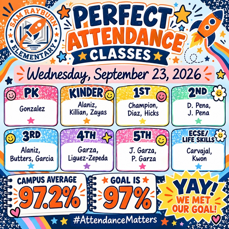 Rockets120's tweet photo. 🚀 Way to go, Rayburn Rockets! Our attendance today was 97.2%, which means we met our 97% campus goal! 🎉🧡💙 Thank you, families, for making attendance a priority. Every day counts! ⭐ #AttendanceMatters https://t.co/0OMHjNTCrb