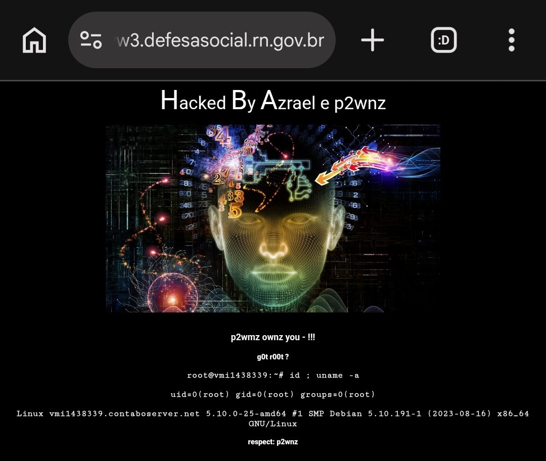 p2wnz's tweet photo. Defesa Social Rio Grande do Norte
Pwned!!!
id:
uid=0(root) gid=0(root) groups=0(root)
url:https://t.co/g1JH6QNEms
@felipepayao @g1rn @defacerid @DarkWebInformer
@HackRead #bolhasec #defaced https://t.co/lxb42WG8ef