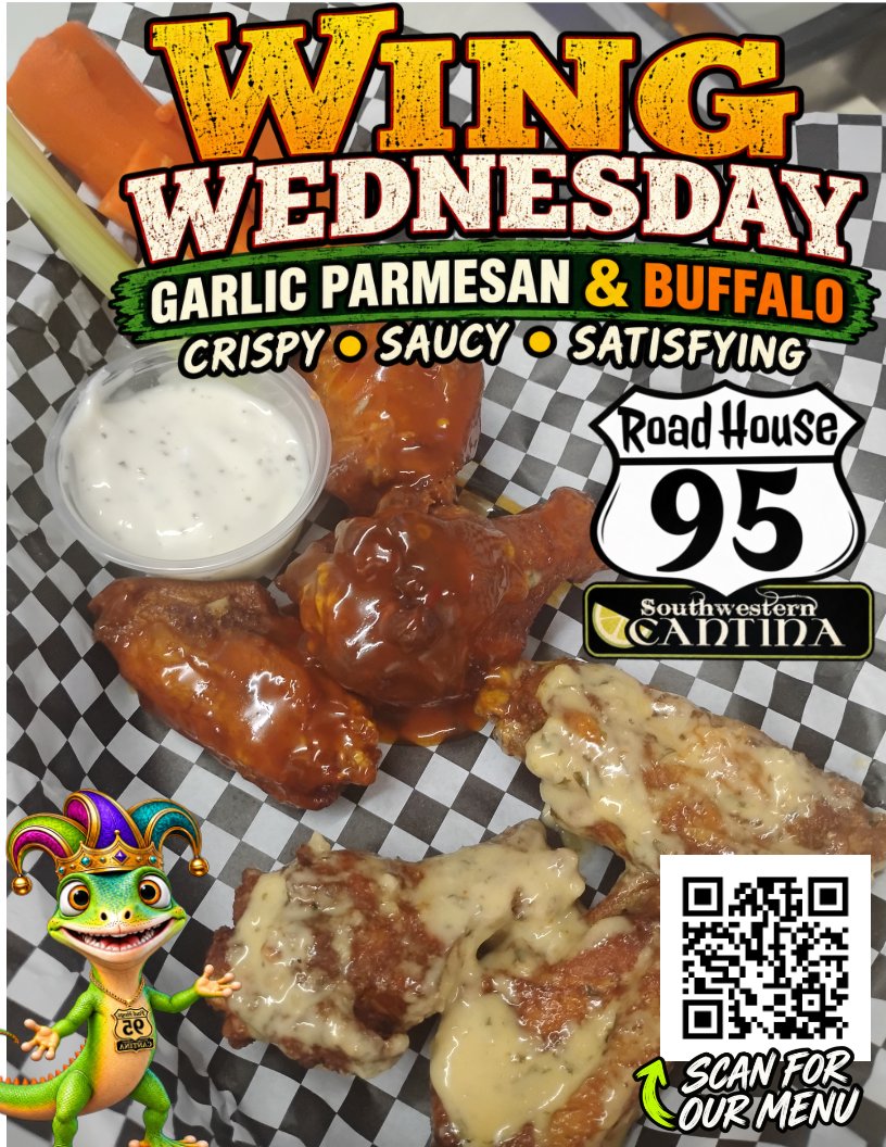 JakeRoadhouse95's tweet photo. 🍗🔥 **WING WEDNESDAY IS HEATING UP AT ROADHOUSE 95!** 🔥🍗

It’s 4 PM, the afternoon is rolling into evening, and the wings are ready.

Pick your flavor:

🌶️ **Buffalo**
🧄 **Garlic Parmesan**
🥭 **Mango Habanero**
🔥 **Sweet & Spicy**
🍖 **BBQ**

Grab a basket, pair it with a cold drink, and settle in for a good Wednesday night at the 95.

🇫🇷 **Français :** Venez profiter de nos ailes de poulet et passer un bon moment avec nous ce soir !

And for our travelers from around the world, our **multilingual menu is available through the Menu QR Code.** Just scan the code and choose the language that works best for you. 🌎📱

📍 **RoadHouse 95 Southwestern Cantina • Beatty, Nevada**

🛣️ **Let the Road Lead You to Our Kitchen.**

#WingWednesday #RoadHouse95 #BuffaloWings #GarlicParmesan #MangoHabanero #BBQWings #BeattyNevada