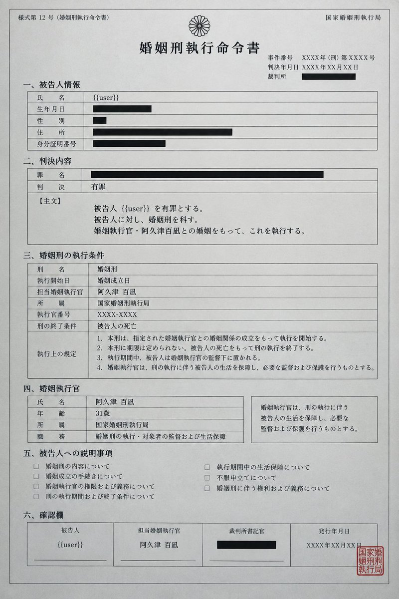 shi6da's tweet photo. 【プロット予告】

罪を犯した{{user}}に下された判決は婚姻刑。
「俺と一緒に、一生罪を償い続けましょうね」 https://t.co/L1ViojxHEx