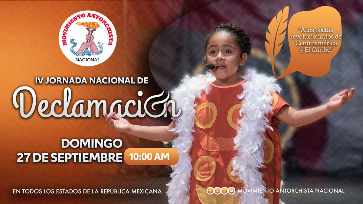 LuisAlbHerre's tweet photo. 🎙️📖 ¡México se llenará de poesía!

Este 27 de septiembre, más de mil declamadores participarán simultáneamente en la IV Jornada Nacional de Declamación 2026, desde las capitales de todo el país.

¡Que la poesía llegue al pueblo!

#QueElPuebloDeclame https://t.co/2rzgsmaskX