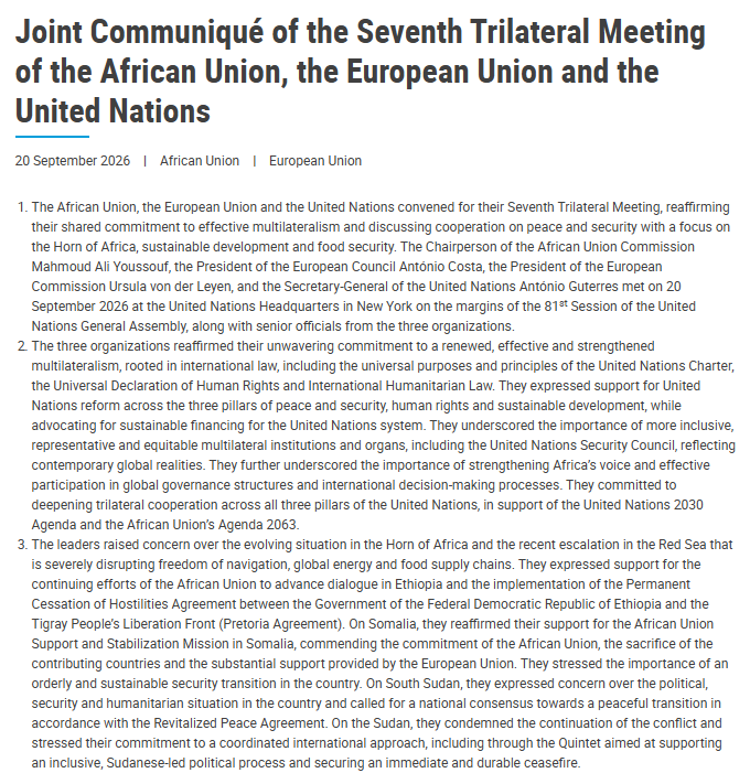 UNDPPA's tweet photo. The African Union, European Union and United Nations convened for their Seventh Trilateral Meeting on 20 September 2026 on the margins of the #UNGA81, reaffirming their commitment to stronger cooperation for peace and security. 

🔗https://t.co/dwF2euX2mS https://t.co/gJ1qfhmGvg