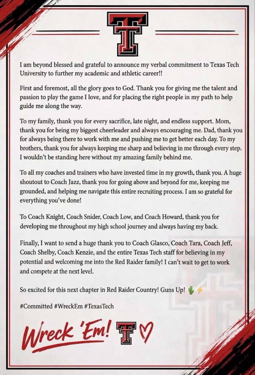 MakenzieNThomas's tweet photo. WRECK ’EM 🖤❤️ #AllGloryToGod #Committed @TexasTechSB @GerryGlasco @CoachArchibald @J_Cottrill_ @PendleyShelby @IGJackson18U @KcJackson00 @jazzvesely @_JJackson1 @ImpactGoldOrg @Rule42sports @vypehouston @CCISDAthletics @SpringsSoftball @TechAthletics @TexasTech @SoftbalAmerica https://t.co/q9kVbBvn9A