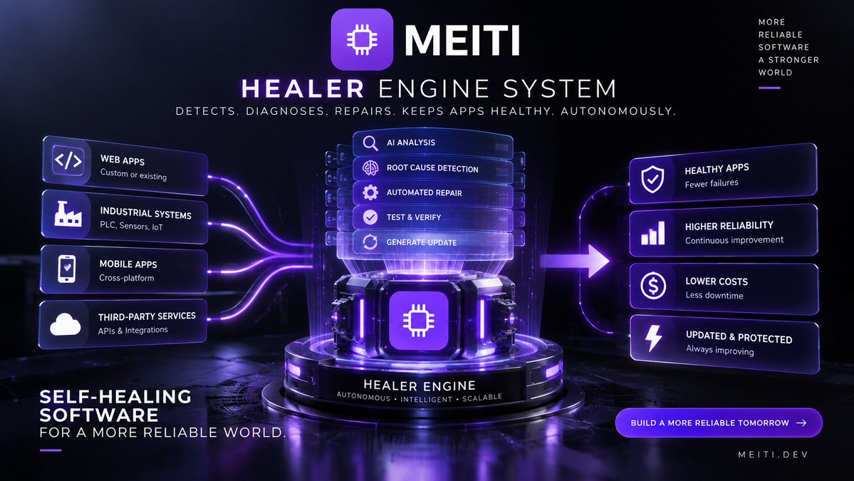 CEO_Meiti's tweet photo. What if software could heal itself?
MEITI Healer Engine is being built to detect failures, diagnose root causes, repair issues, test the fix, and generate verified updates, autonomously.
Software shouldn’t just run.
It should recover, adapt, and improve.
The Healer is coming.
MEITI  Build. Test. Heal. Evolve.
#MEITI #AI #SelfHealingSoftware #AutonomousSystems #SoftwareEngineering