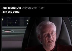 meggarwicky's tweet photo. NEXT EVERYTHING IS COMPUTER??

Trump just said '' I Am The Code'' When someone asked him to have a look at some safety law codes.

Its going giga viral AND GETTING MEMED

https://t.co/NMxB5qqD8O https://t.co/a1pBNgRSi7