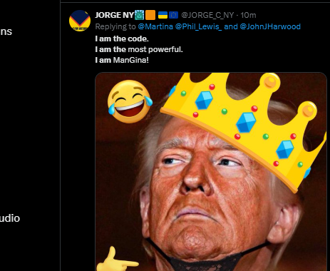 meggarwicky's tweet photo. NEXT EVERYTHING IS COMPUTER??

Trump just said '' I Am The Code'' When someone asked him to have a look at some safety law codes.

Its going giga viral AND GETTING MEMED

https://t.co/NMxB5qqD8O https://t.co/a1pBNgRSi7