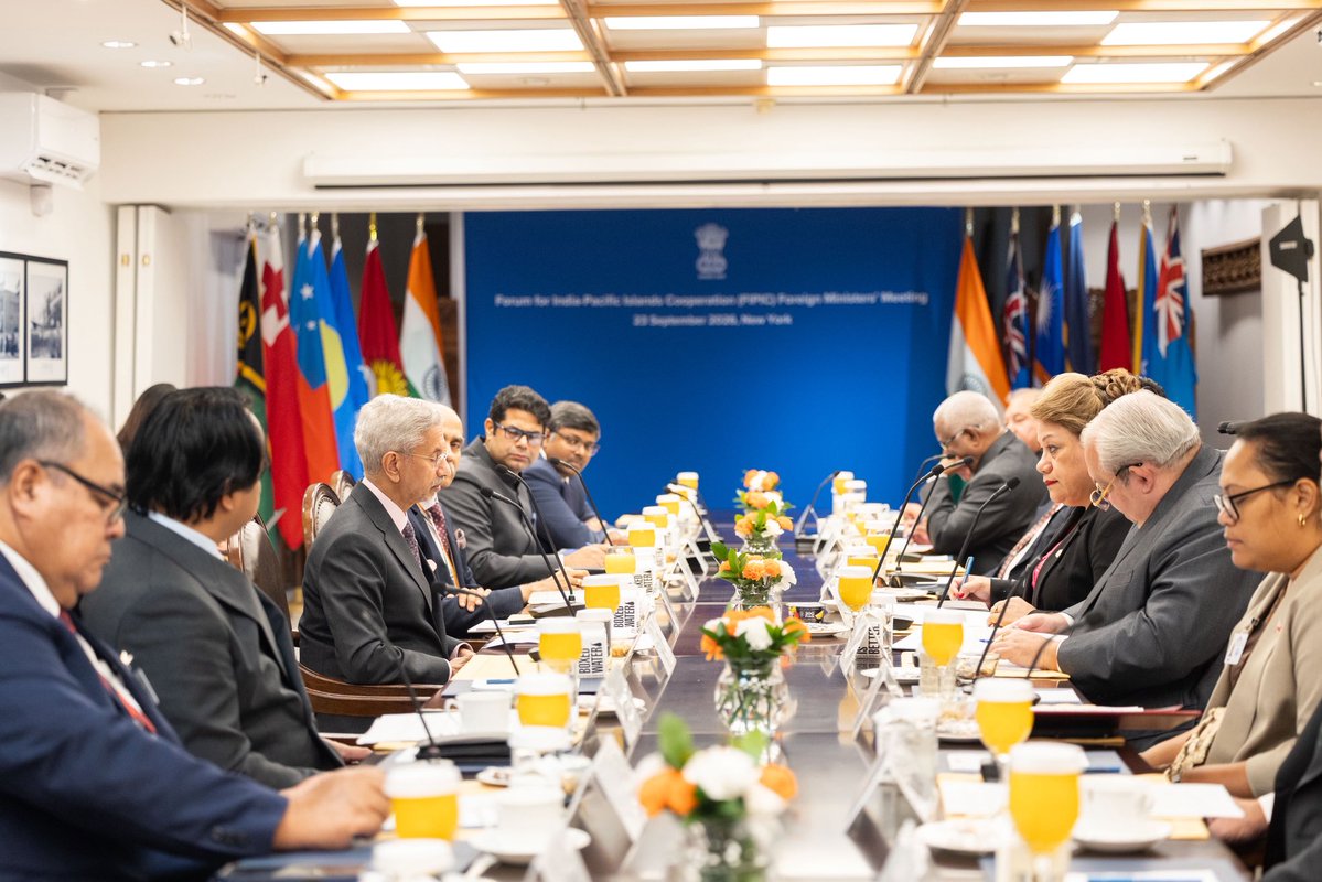 DrSJaishankar's tweet photo. Pleased to chair the India-FIPIC Foreign Ministers’ Meeting today in New York #UNGA81. Underlined the following:

✅ Our approach to the Pacific has consistently been demand-driven, development-oriented and people-centric. 

✅ India fully respects and supports the priorities articulated in the Pacific Island Forum’s 2050 Strategy for the Blue Pacific Continent. 

✅ India’s development projects in Pacific Island countries reflect our shared focus on strengthening livelihoods, building capacity & promoting sustainable development.
 
✅ Significant progress has been achieved with regard to the Action Plan announced by PM @narendramodi spanning healthcare, renewables, connectivity, technology and capacity building. 
 
✅ Recognised that El Niño poses serious challenges for Pacific Island Countries, and that India stands ready in helping ameliorate the adverse effects from the phenomenon.
 
✅ Highlighted efforts to cooperate in Space, sustainable coastal & ocean research.
 
✅ Encouraged all members to join the International Solar Alliance and the Coalition for Disaster Resilient Infrastructure under which several projects on climate change, renewable energy and sustainable development are already underway.

#UNHighLevelWeek