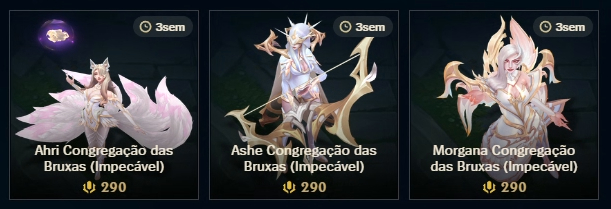 HeyShuggie's tweet photo. ⚪️ | CROMAS IMPECÁVEIS DAS CONGREGAÇÃO DAS BRUXAS

⇒ Como imaginei, os cromas brancos da Ahri, Ashe e Morgana estão disponíveis para compra na loja normal por 290 RP cada.

🚨 Lembrando que elas não mudam o VFX e devem ficar disponíveis apenas por 3 semanas.