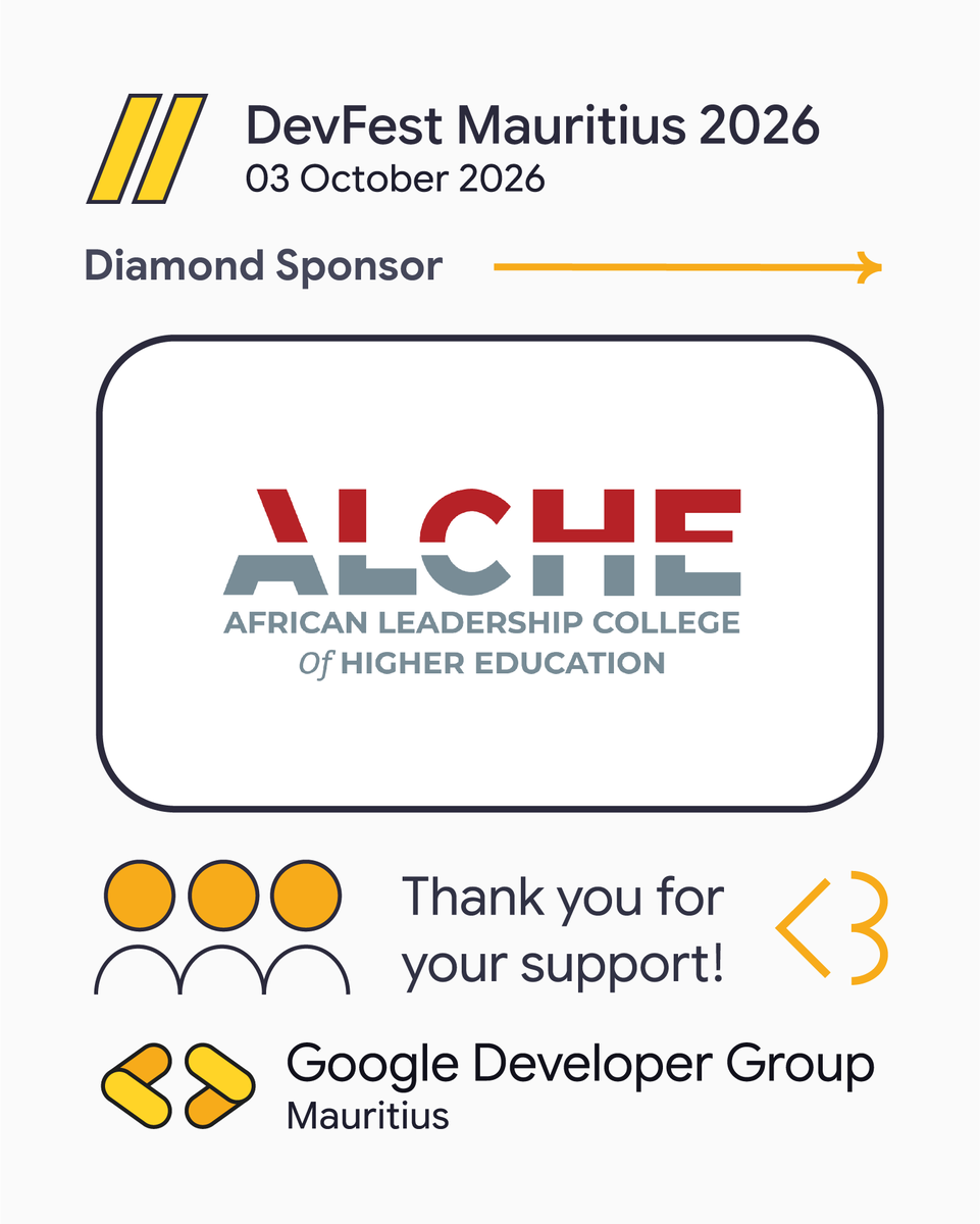 MSCraftsman's tweet photo. Weโre grateful to have African Leadership College of Higher Education (ALCHE) supporting DevFest Mauritius 2026!
๐
03 October 2026
๐ ALCHE, Mauritius
๐๏ธ Secure your spot: https://t.co/Jpr32SfHpi
See you at DevFest! ๐
#DevFestMauritius #GDGMauritius #ALCHE https://t.co/CR9jciE4gs