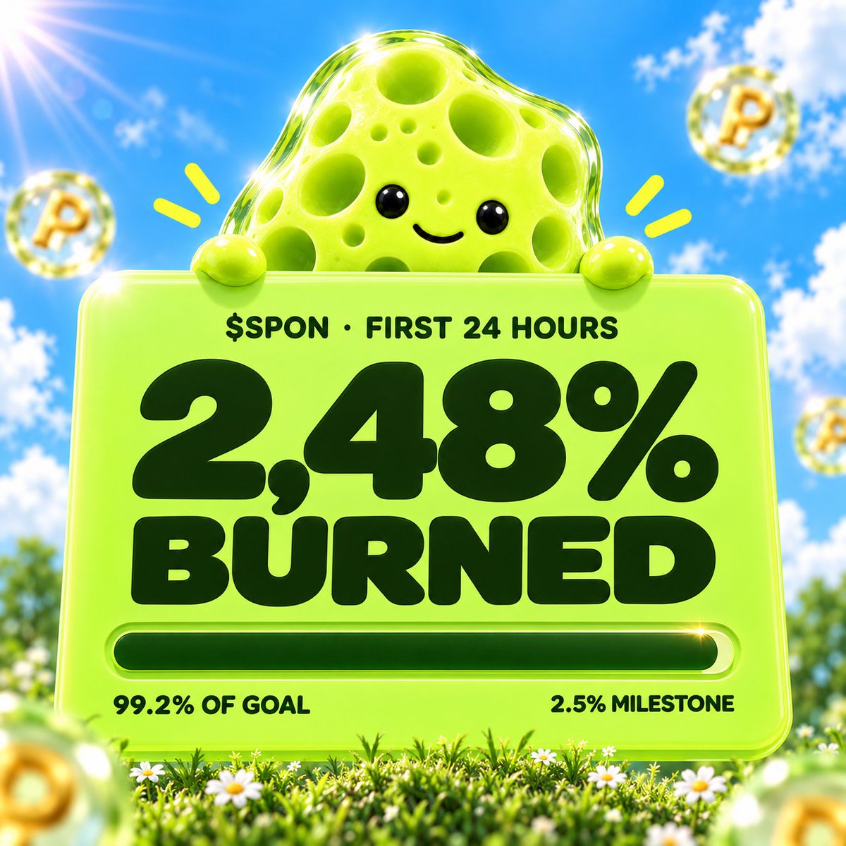 spononpons's tweet photo. 2.48% of $SPON burned in the first 24 hours.

[███████████████████░] → 2.5%

Almost at our first milestone. https://t.co/uvGM0eAngd
