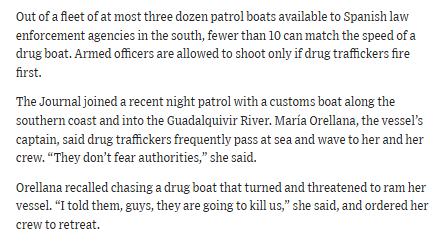 Birdyword's tweet photo. Amazing WSJ piece on cocaine smuggling into Europe. There are ten (10) Spanish police boats that can intercept smuggling vessels that travel at up to 70mph, across maybe 1,000km of coast, landing on which gives the smugglers free access to the entire EU. https://t.co/JJqt3Mmtwu https://t.co/9MLEOYhXGu