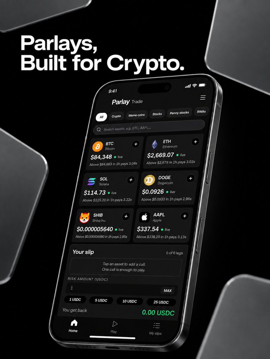 ParlayTradeOrg's tweet photo. One slip can hold your whole market view. Stack BTC, ETH, SOL, meme coins and more into a single parlay, then let every call decide the final payout. https://t.co/fh6YzPOAYi