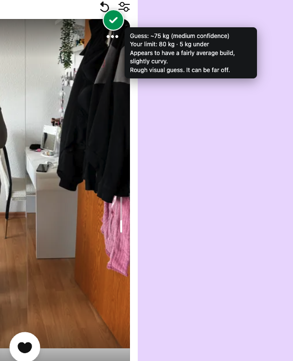 Chris_Detox's tweet photo. my ai extension filters now on weight when it sees a photo and guess the weight in 6 seconds, depending on your ideal partner weight it will predict a green or red circle, we can now port this to automatic swipe left/right for certain estimated profiles on dating apps https://t.co/YRfZ3s9xOf