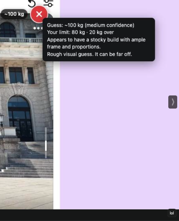 Chris_Detox's tweet photo. my ai extension filters now on weight when it sees a photo and guess the weight in 6 seconds, depending on your ideal partner weight it will predict a green or red circle, we can now port this to automatic swipe left/right for certain estimated profiles on dating apps https://t.co/YRfZ3s9xOf
