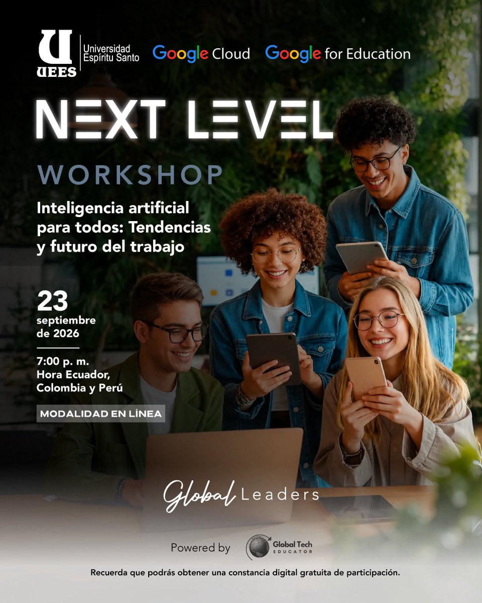 EmbajadaEcuCOL's tweet photo. Hoy | 7:00 p. m. 

Workshop virtual “Inteligencia Artificial para todos: Tendencias y futuro del trabajo”, organizado por @UEES_ec, Google Cloud y Google for Education.

💻 En línea
📄 Constancia digital gratuita

#EcuadorEnColombia #InteligenciaArtificial #Educación #Innovación https://t.co/sSbUXpDLeL