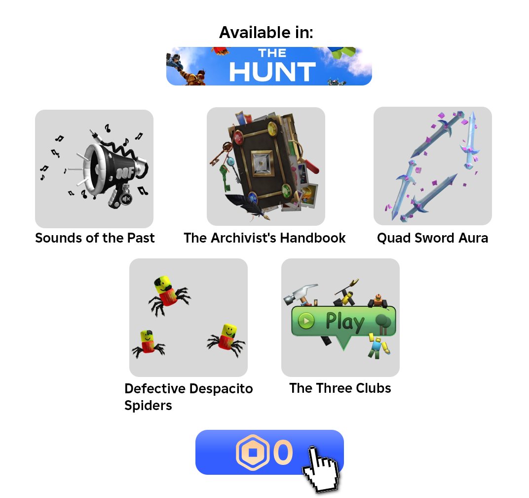 4Lulzy's tweet photo. Five new items have been uploaded to the catalog in preparation for the next wave in The Hunt: Roblox 20. https://t.co/7dmcfGDSpN