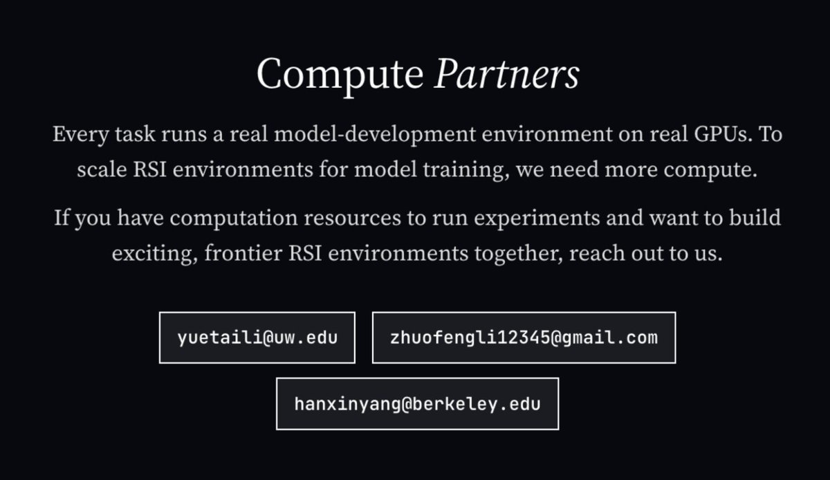OpenRSI's tweet photo. 6/ Compute Sponsor

Every OpenRSI task executes in a real model-development environment on GPU clusters.

If you manage compute infrastructure and want to co-build the standard for RSI evaluation, reach out. Compute partners receive formal credit on the index, paper, and every official release.
