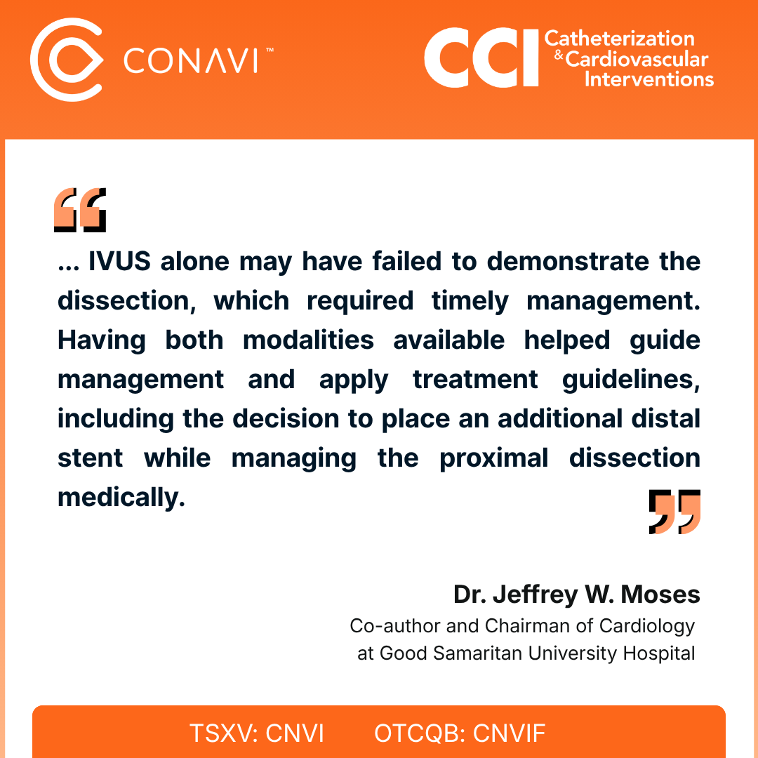ConaviMed's tweet photo. $CNVI.V $CNVIF
Two imaging modalities, complementary insights to guide clinical decisions. 🩺
A @ccijournal case report shows the value of #Conavi's hybrid imaging system during a complex coronary procedure, allowing physicians to use:
➡️ #IVUS: vessel sizing and plaque assessment
➡️ #OCT: higher resolution to characterize the extent and depth of the dissections
➡️ Together: helped physicians identify proximal and distal edge dissections, as well as white thrombus, following stent placement
🔗 https://t.co/gx44wrhAQt