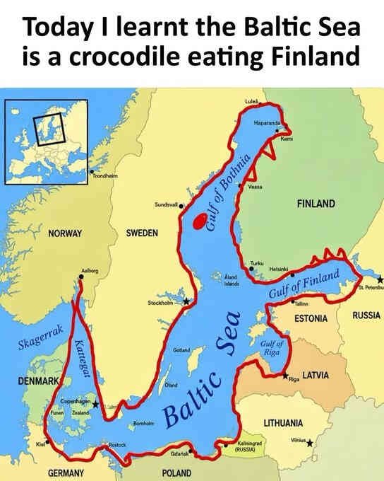 BMY61's tweet photo. I canโt unsee this and now neither can you.
The Baltic Sea isnโt a sea.
Itโs a crocodile thatโs been mid-chomp on Finland for thousands of years. ๐๐ซ๐ฎ
Once your brain locks onto it, every map of Northern Europe is ruined forever.
#balticsea #crocodile #mapmemes #map #onceyouseeit