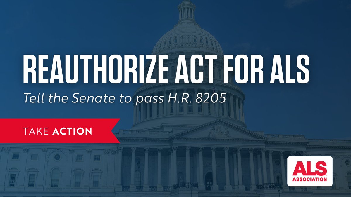 alsassociation's tweet photo. The House has left for election recess, but the Senate can still act.

The ACT for ALS authorization expires Sept. 30. Tell your Senators to pass the House-passed ACT for ALS Reauthorization (H.R. 8205) and send it to the President’s desk.

Take action: https://t.co/vyVOVx6xXG https://t.co/fxFMCoLTOk