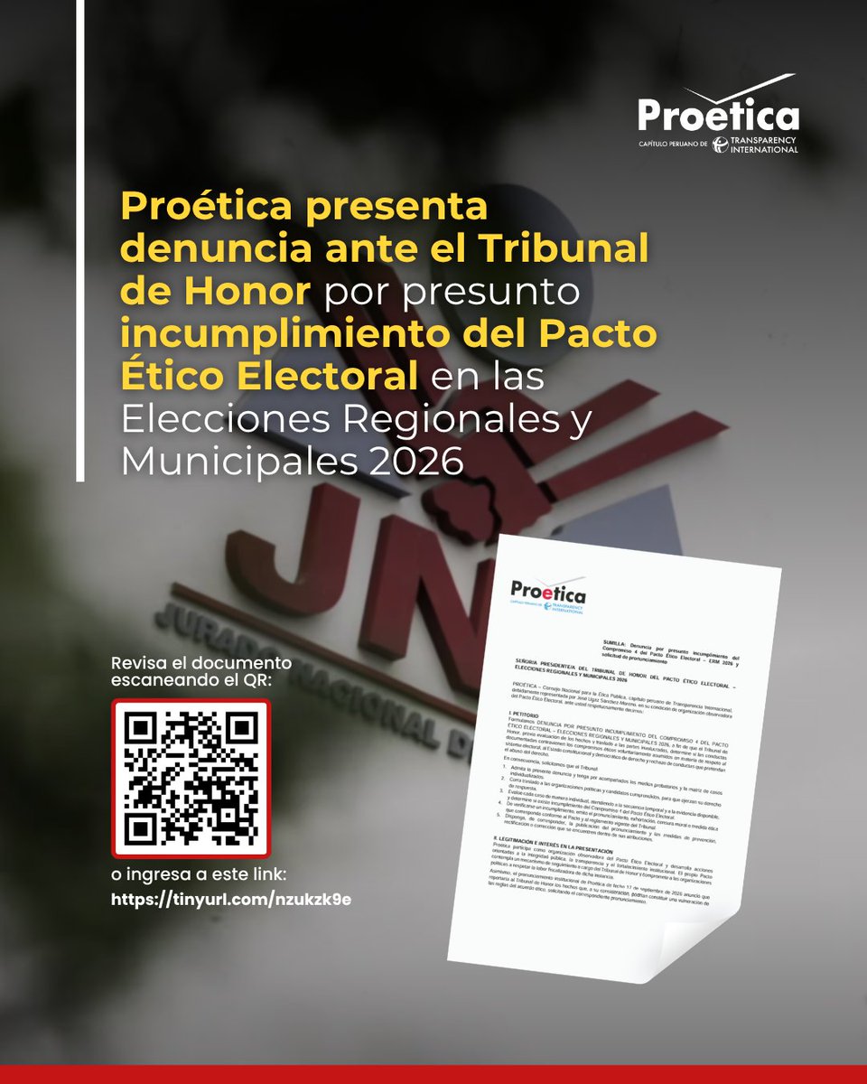 ProeticaPeru's tweet photo. Compartimos la denuncia presentada ante el Tribunal de Honor del Pacto Ético Electoral por el presunto incumplimiento del Compromiso 4, a partir de 135 casos identificados en las #ERM2026.

Como organización observadora del Pacto, solicitamos que cada caso sea evaluado de manera individual y que el Tribunal determine si las conductas documentadas contravienen los compromisos éticos asumidos.

📄 Revisa la denuncia aquí: https://t.co/4PZjfO404f