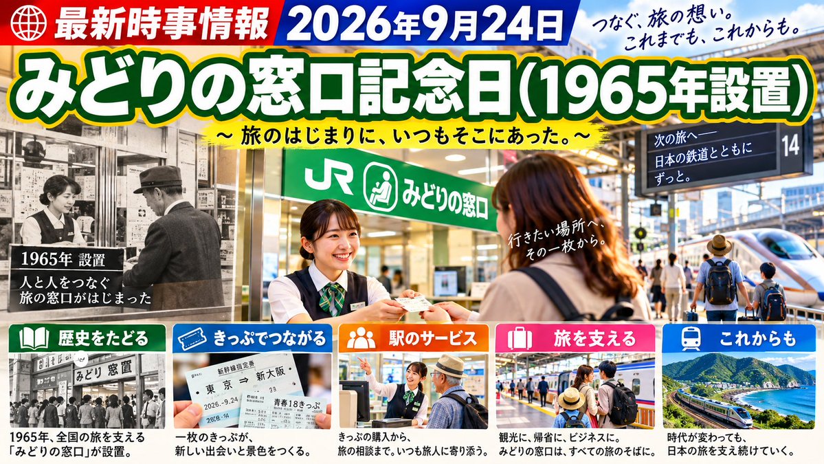 NOBY1202's tweet photo. 今日9月24日は「みどりの窓口記念日」。1965年、国鉄の全国約150駅���指定席をオンライン予約できる「みどりの窓口」が設置されました。名前の由来は切符が淡い緑色だったからだそうです。あれから60年、窓口数は減り「みどりの券売機プラス」への置き換えが進んでいます。 #みどりの窓口記念日 #JR https://t.co/58rCTfPnCG
