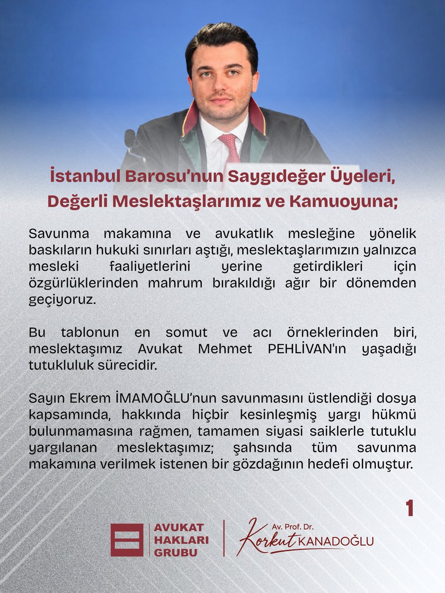 AvukatHG's tweet photo. Avukat Hakları Grubu
Sözcümüz Av. M. Turgay BİLGE ve İstanbul Barosu Başkan Adayımız Av. Prof. Dr. Korkut KANADOĞLU, Çorlu Karatepe Cezaevi'nde tutuklu bulunan meslektaşımız Av. Mehmet PEHLİVAN’ı ziyaret etti. 

Gerçekleştirilen görüşmenin ardından, mesleğini ifa ettiği için özgürlüğünden mahrum bırakılan meslektaşımızın yaklaşan İstanbul Barosu Genel Kurulu’nda Yönetim Kurulu üye adayımız olacağını duyuruyoruz.

Av. Mehmet PEHLİVAN’ın adaylığı, bir seçim mücadelesinin çok ötesinde; meslek onurumuzun, savunmanın bağımsızlığının ve dayanışmamızın en anlamlı göstergesidir.

Buradan İstanbul Barosu yönetimine talip olan tüm gruplara ve adaylara açık çağrımızdır:

Gelin, Av. Mehmet PEHLİVAN’ı tüm listelerde ortak Yönetim Kurulu Üyesi Adayı olarak gösterelim. Hukuksuzluğa ve keyfi tutuklamalara karşı en güçlü, en onurlu cevabı tek yürek olarak verelim!