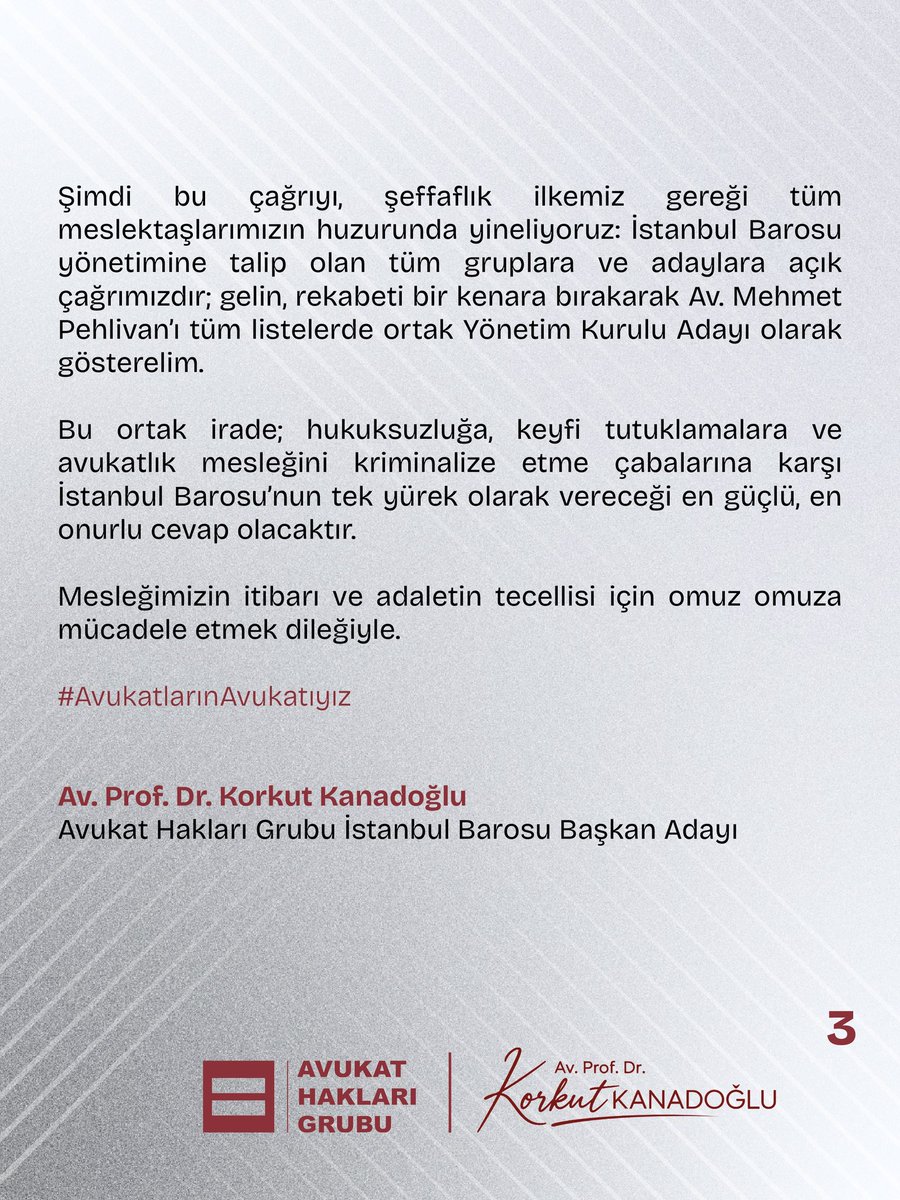 AvukatHG's tweet photo. Avukat Hakları Grubu
Sözcümüz Av. M. Turgay BİLGE ve İstanbul Barosu Başkan Adayımız Av. Prof. Dr. Korkut KANADOĞLU, Çorlu Karatepe Cezaevi'nde tutuklu bulunan meslektaşımız Av. Mehmet PEHLİVAN’ı ziyaret etti. 

Gerçekleştirilen görüşmenin ardından, mesleğini ifa ettiği için özgürlüğünden mahrum bırakılan meslektaşımızın yaklaşan İstanbul Barosu Genel Kurulu’nda Yönetim Kurulu üye adayımız olacağını duyuruyoruz.

Av. Mehmet PEHLİVAN’ın adaylığı, bir seçim mücadelesinin çok ötesinde; meslek onurumuzun, savunmanın bağımsızlığının ve dayanışmamızın en anlamlı göstergesidir.

Buradan İstanbul Barosu yönetimine talip olan tüm gruplara ve adaylara açık çağrımızdır:

Gelin, Av. Mehmet PEHLİVAN’ı tüm listelerde ortak Yönetim Kurulu Üyesi Adayı olarak gösterelim. Hukuksuzluğa ve keyfi tutuklamalara karşı en güçlü, en onurlu cevabı tek yürek olarak verelim!