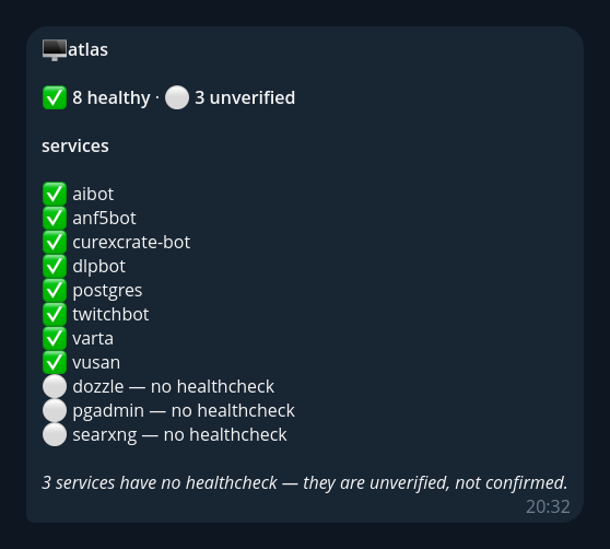 helltar_'s tweet photo. After a reboot I used to tail logs and message each of my bots to see if they answer. So I built Varta.

It sends one Telegram message once the Docker stack settles, even when all is fine. Then it's quiet until something changes.

Kotlin, open source.
https://t.co/htRT7KaxOz https://t.co/GXHfMH7pEn