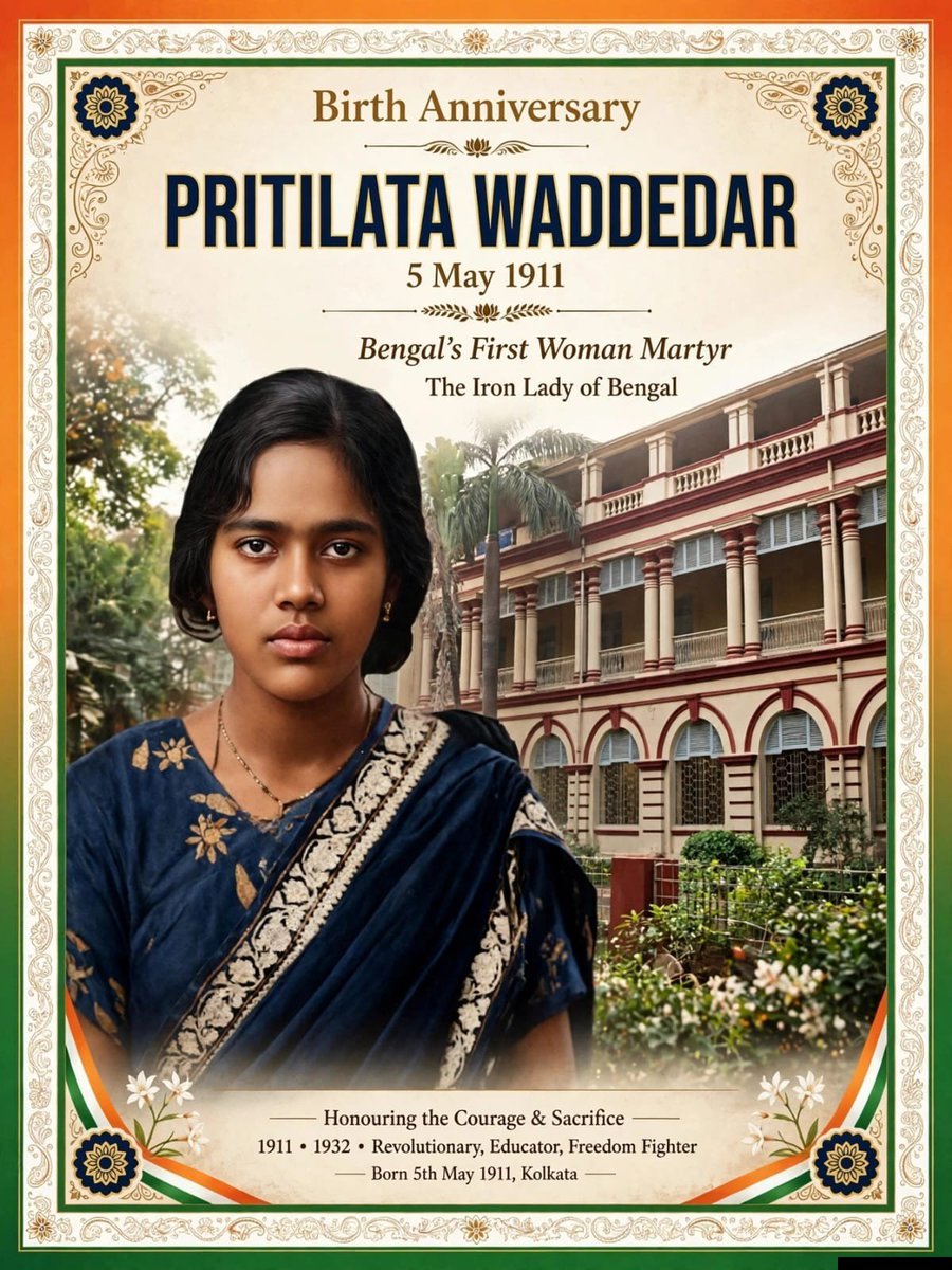 DattaSubi's tweet photo. *Heartfelt Tribute to Martyr Pritilata Waddedar — Shahid Divas — 24 September 1932*

Pritilata Waddedar is honoured as *Bengal's First Woman Martyr*.

*Born:* 5 May 1911, Dhalghat village, Patiya, Chittagong (now Bangladesh) to Jagabandhu Waddedar and Pratibha Devi. Nickname — Rani.

*Education:* Dr. Khastagir Govt. Girls' School, Chittagong; Eden Mohila College, Dhaka (topped Dhaka Board); Philosophy Honours from *Bethune College, Kolkata* (1932). She was Headmistress of Nandankanan Aparnacharan School, Chittagong.

*The Revolutionary:*
Inspired by Rani Lakshmibai, she joined *Masterda Surya Sen's Indian Republican Army, Chittagong Branch* in 1932 — at a time when women were not easily accepted in armed struggle. She took part in supplying explosives for Jalalabad battle, telegraph wire cutting, and underground operations.

*24 September 1932 — The Final Attack:*
On the night of 23-24 September, Pritilata led a group of 15 revolutionaries to attack the *Pahartali European Club, Chittagong*. This club had a notorious board outside — *"Dogs and Indians not allowed"* — symbol of British racism.

Her team, dressed as men, torched the club and fired. One person was killed, 11 injured. While retreating, Pritilata was hit by a bullet and surrounded by British police.

To avoid capture, she consumed *potassium cyanide*, as she had decided earlier. She was only *21 years old*.

British police found her body with revolutionary leaflets and a pistol.

*Legacy:*
- The British tried to erase her, but Bengal made her immortal.
- Her sacrifice inspired thousands of Bengali girls to join freedom movement.
- Schools, colleges, halls, and a trust in Bangladesh and West Bengal are named after her.
- Author Ash Sarkar is her great-great-niece.

*Message for Students:* She was a top student, a teacher, and a warrior. She proved that pen and pistol can both serve the motherland. She died so that we could live free.

On 24 September, we bow to the girl who chose death over surrender.

🙏🇮🇳🙏Vande Mataram.